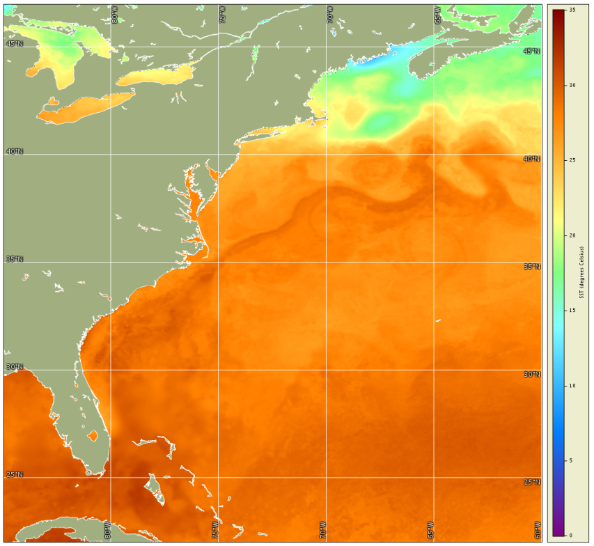 PODAAC MUR SST example, U.S. East
Coast, July 30, 2015